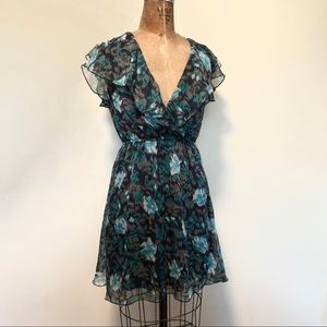 Blue Green Abstract Floral Chiffon Ruffle Dress